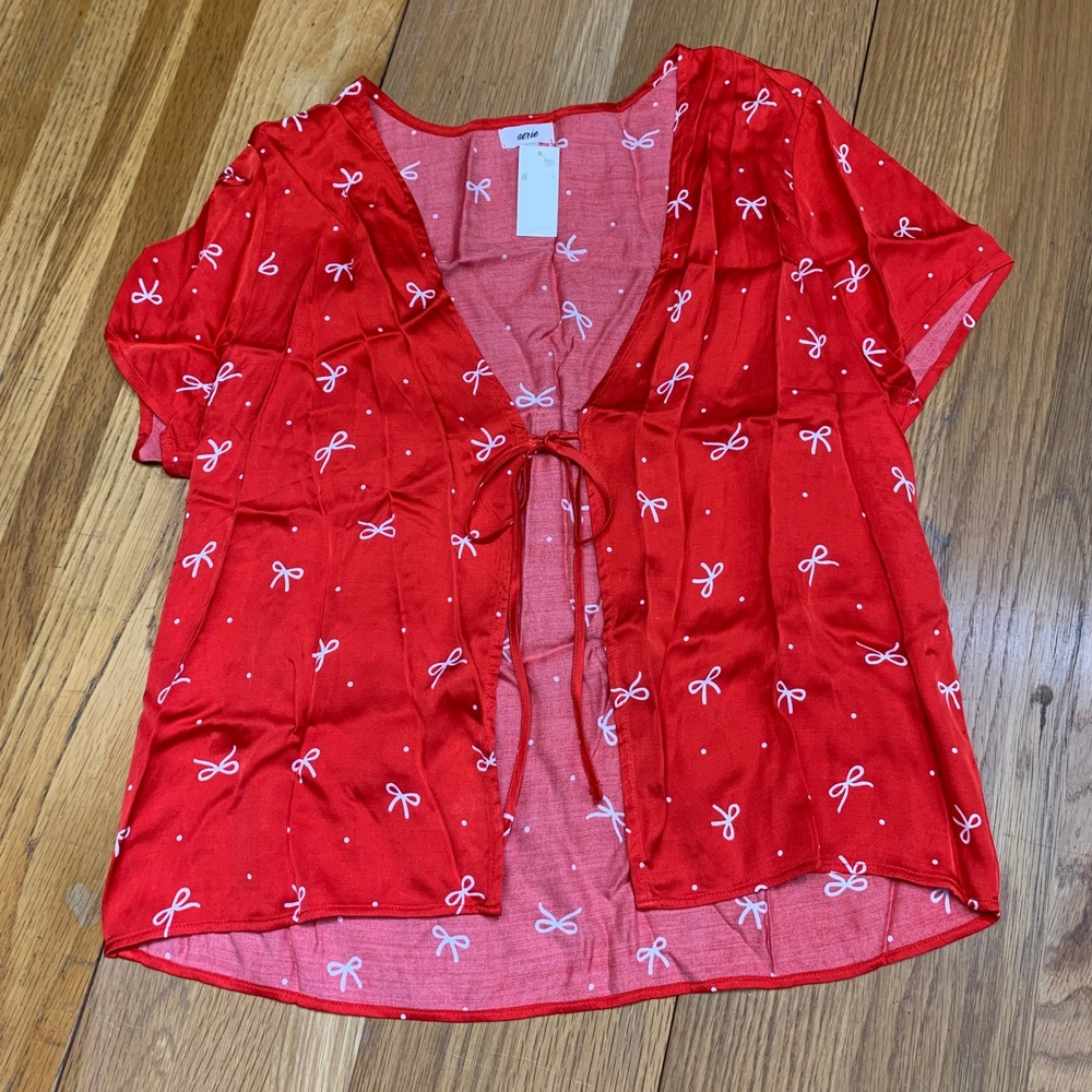 Aerie Red Bow Polka Dot Tie Front Satin Short Sleeve Top Women's Size Medium NWT